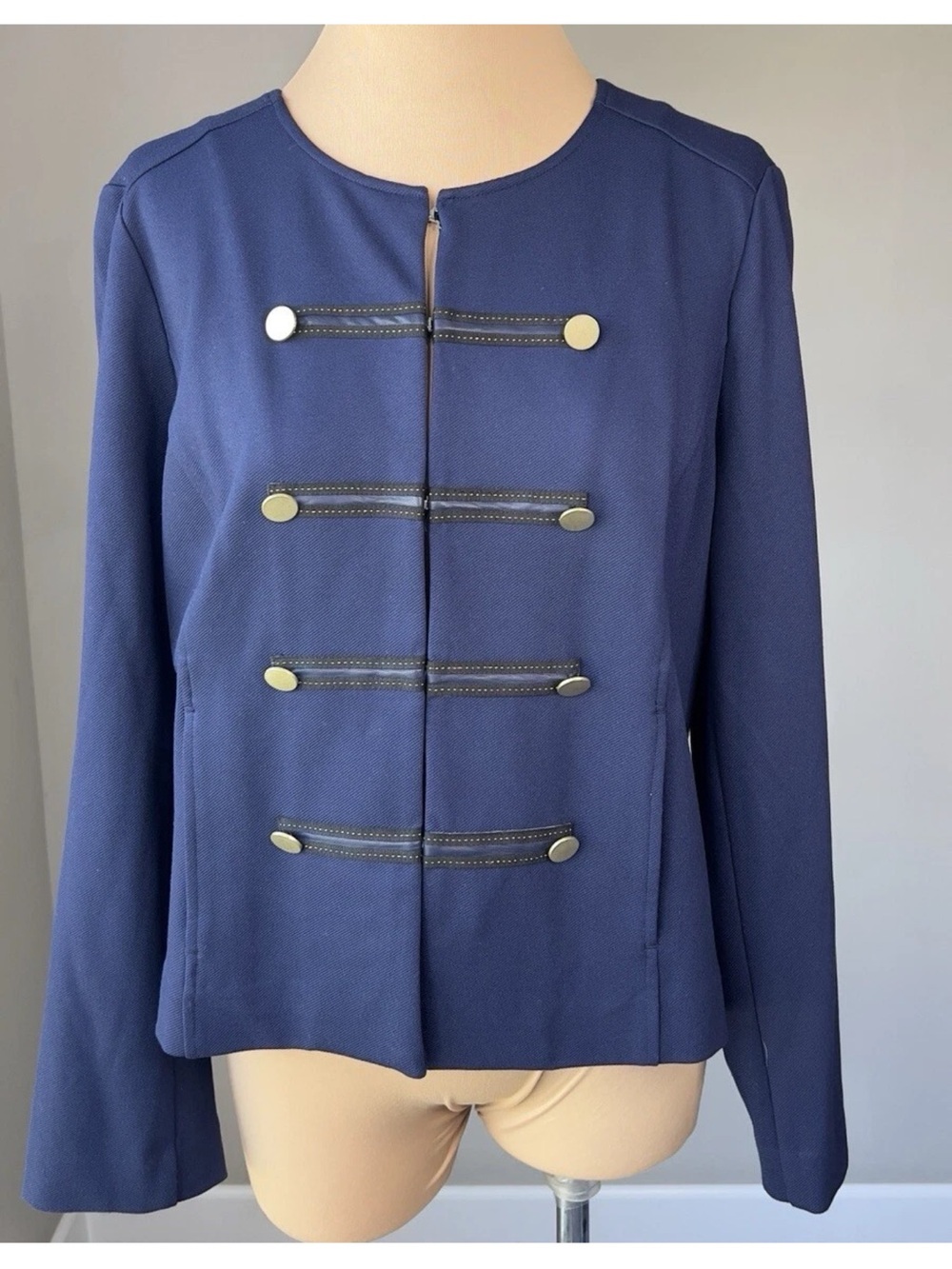 NWOT Chico's Women's Size 1 Military Blazer Jacket Blue Woven Knit Gold Button